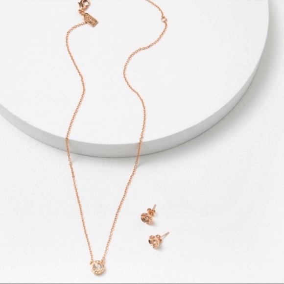 NWT Coach Rose Gold Open Circle Necklace And Tea Rose Stud Earrings Set - Picture 2 of 6